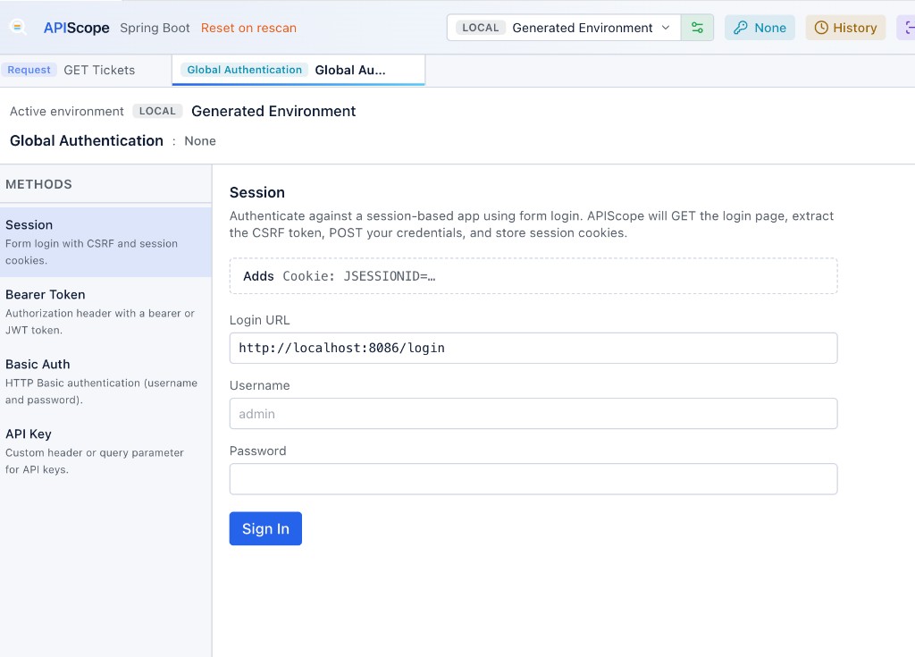 Session login — configure login URL, username, and password
