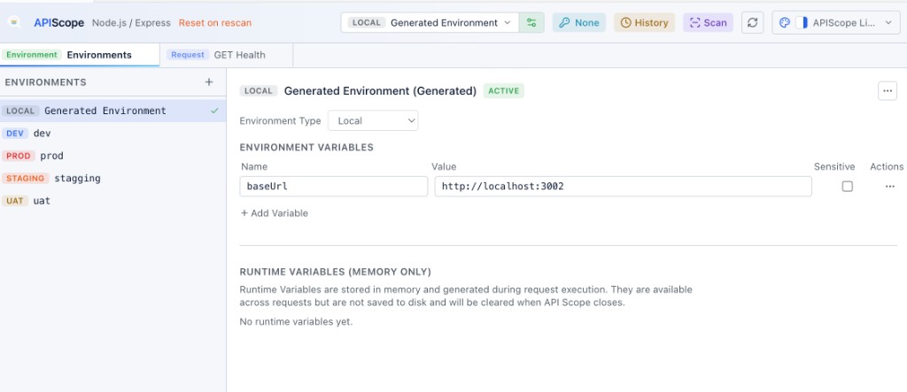 Environments tab — LOCAL, DEV, PROD, STAGING, UAT with variables