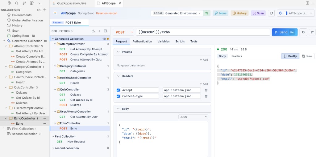 APIScope main panel — collections tree, request editor, and JSON response