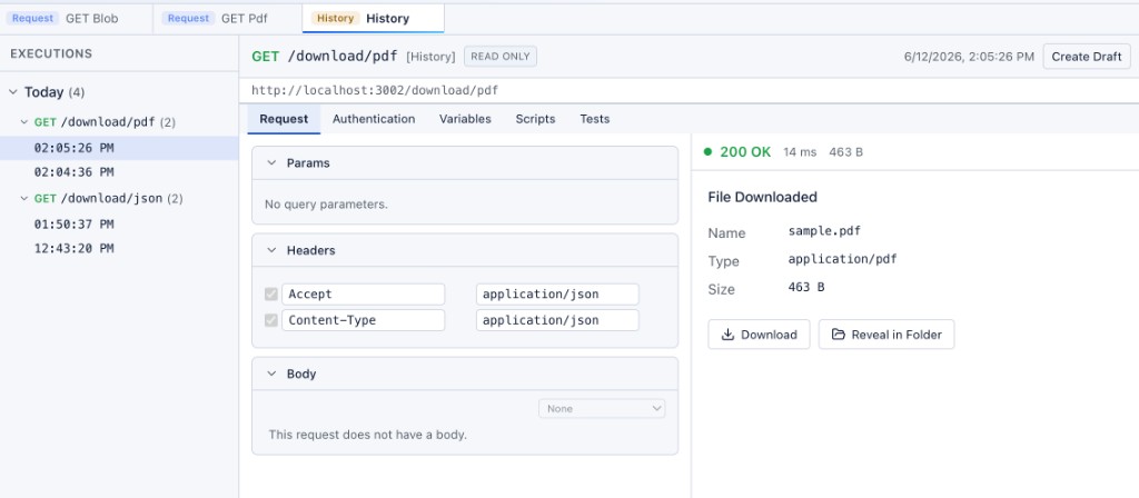 History — GET /download/pdf with file metadata and Download / Reveal in Folder