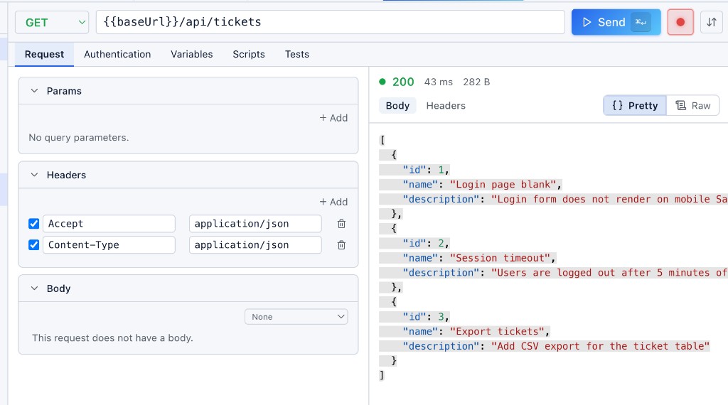 Request editor with response — GET /api/tickets
