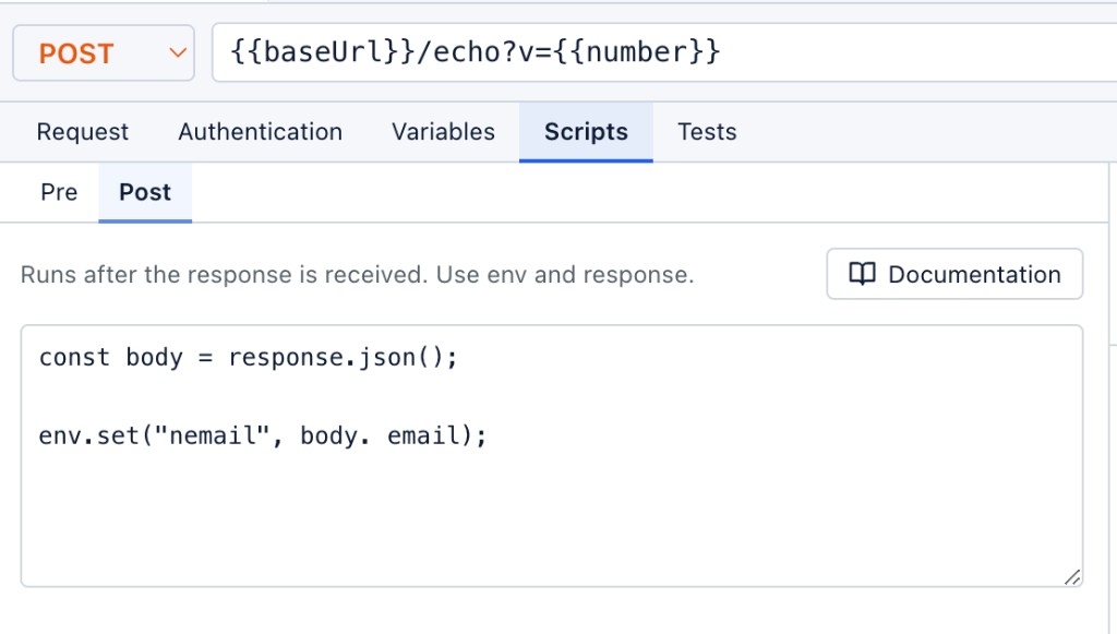 Post-request script — extract email from JSON into env variable