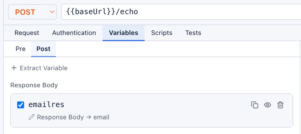 Post-request extraction — Response Body → emailres