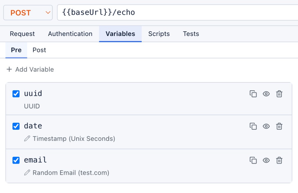 Pre-request variables — UUID, timestamp, random email