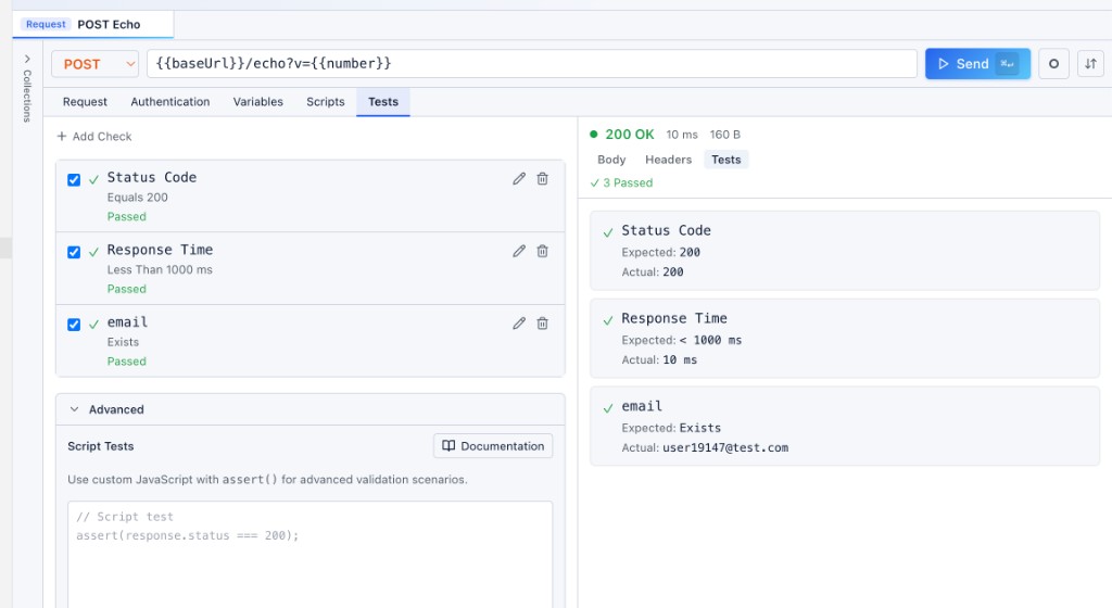 Response tests — 3 passed: status, response time, email field