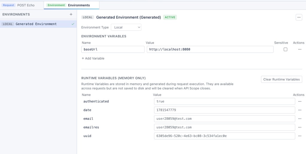 Runtime variables in the Environments tab