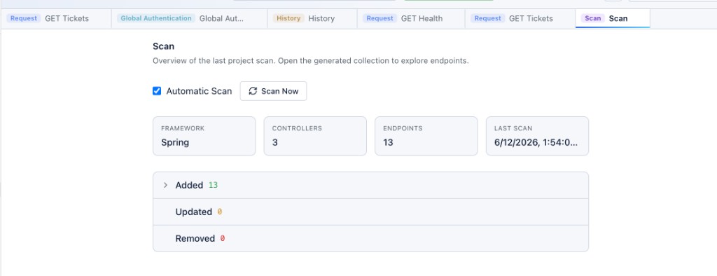 Scan tab — framework, controllers, endpoints, and change summary